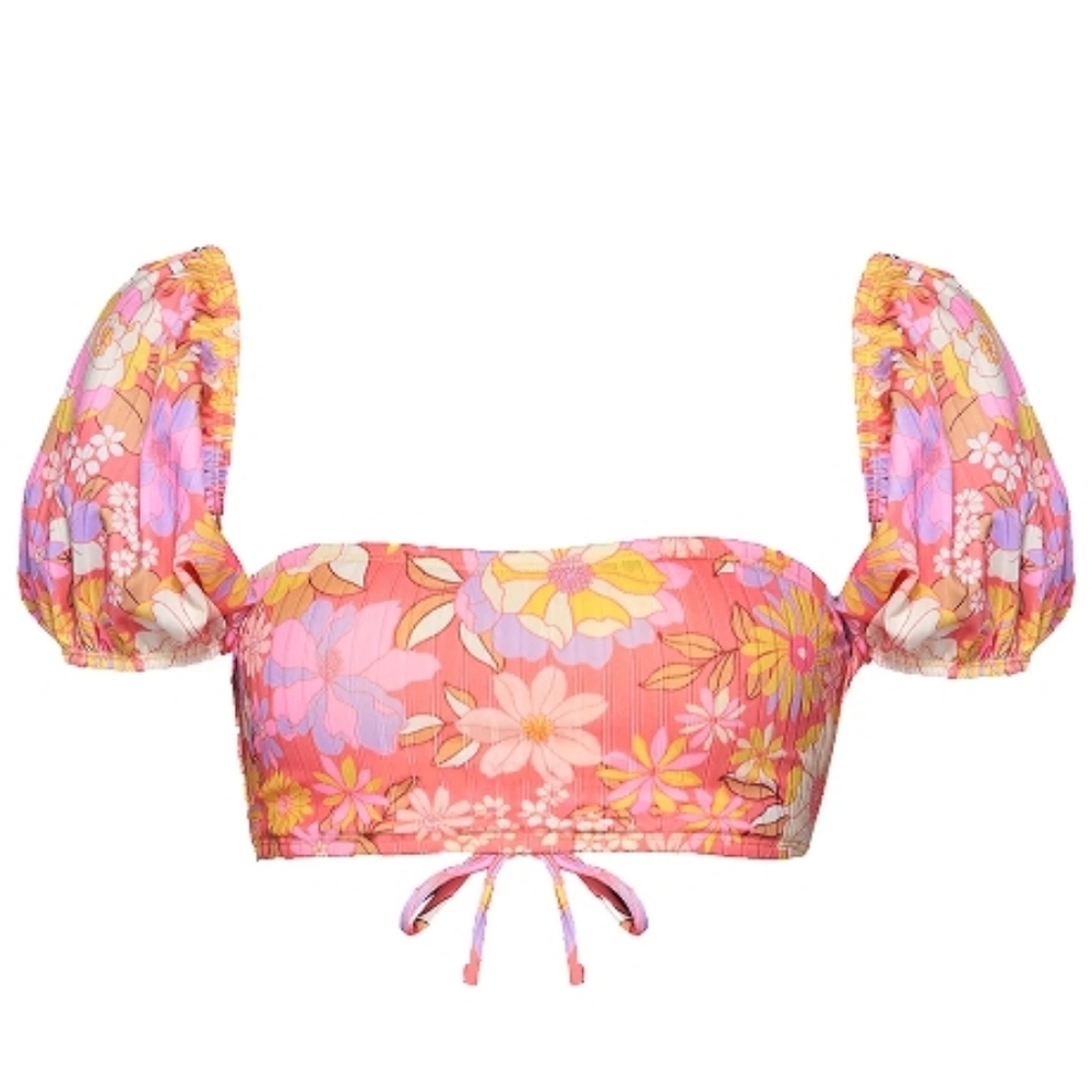 Swim Top Puff Sleeve Retro Floral Stretch Trendy Cooling Junior